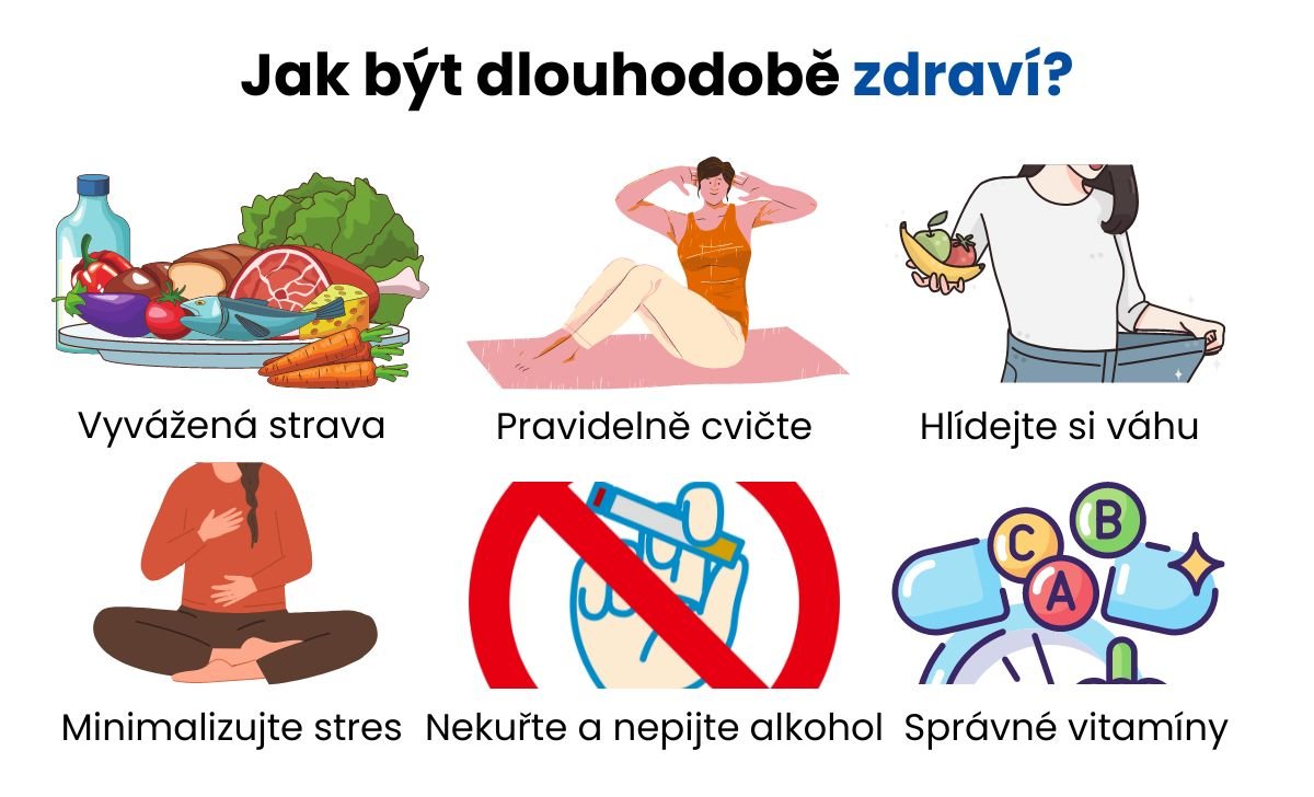 Dlouhodobé zdraví, vyvážená strava, pohyb, zdravá váha, méně stresu a prevence