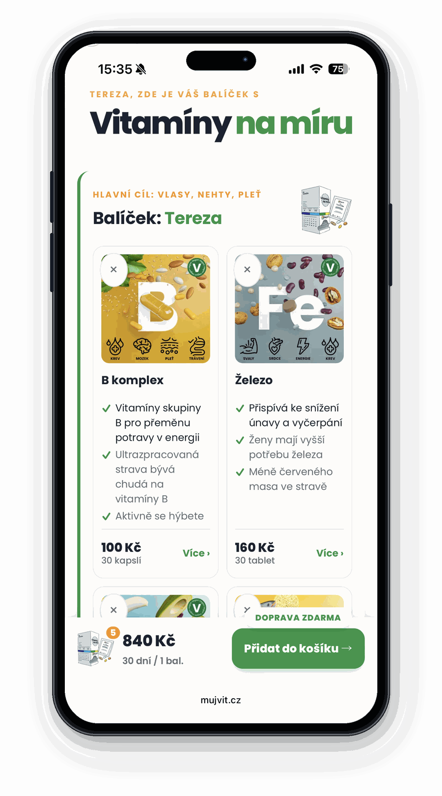 Doporučený balíček vitamínů na míru v mobilu