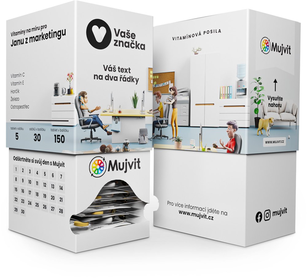 Firemní krabička Mujvit, 3D ilustrace s logem