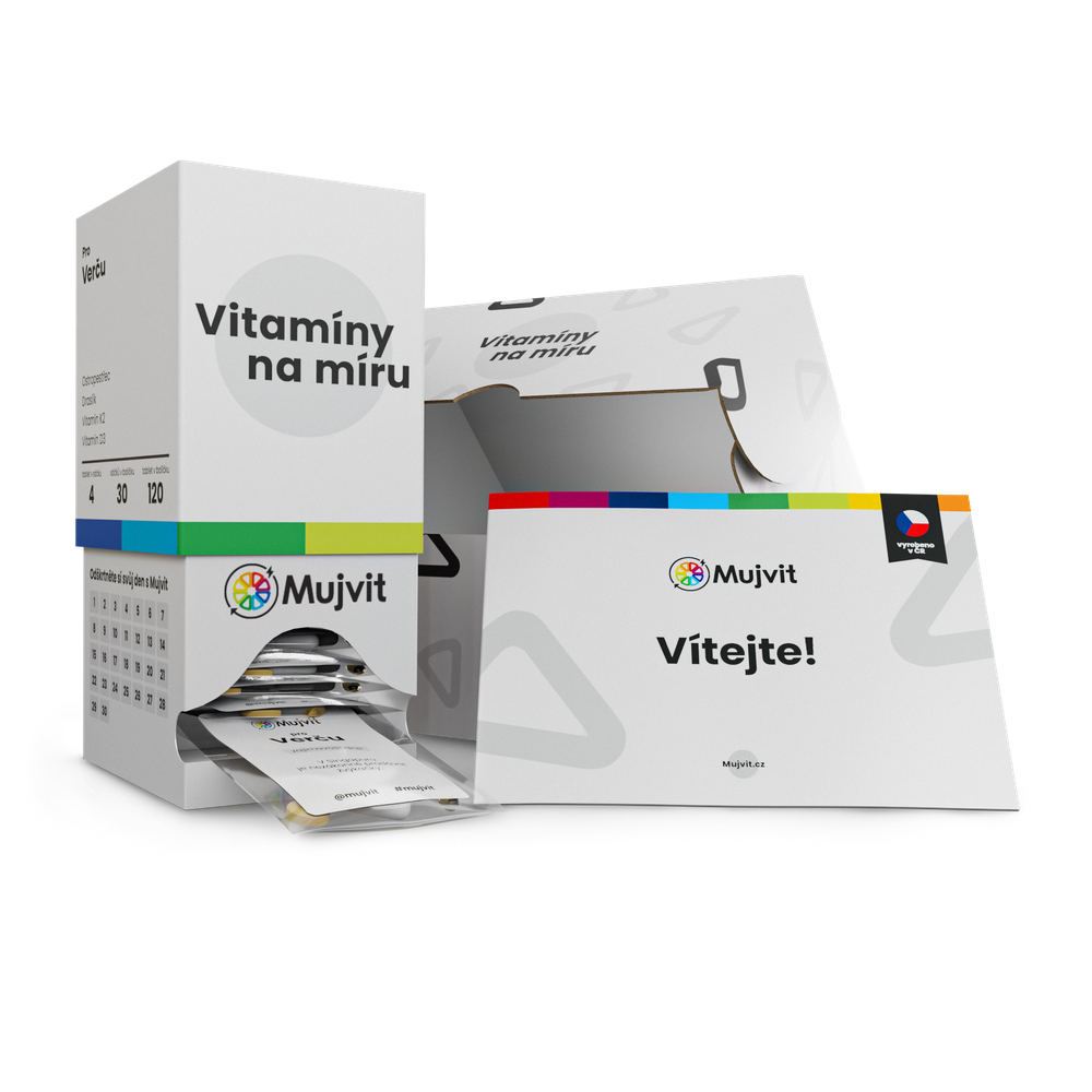 Mujvit balíček, zásilková krabice a uvítací brožura, vyrobeno v ČR