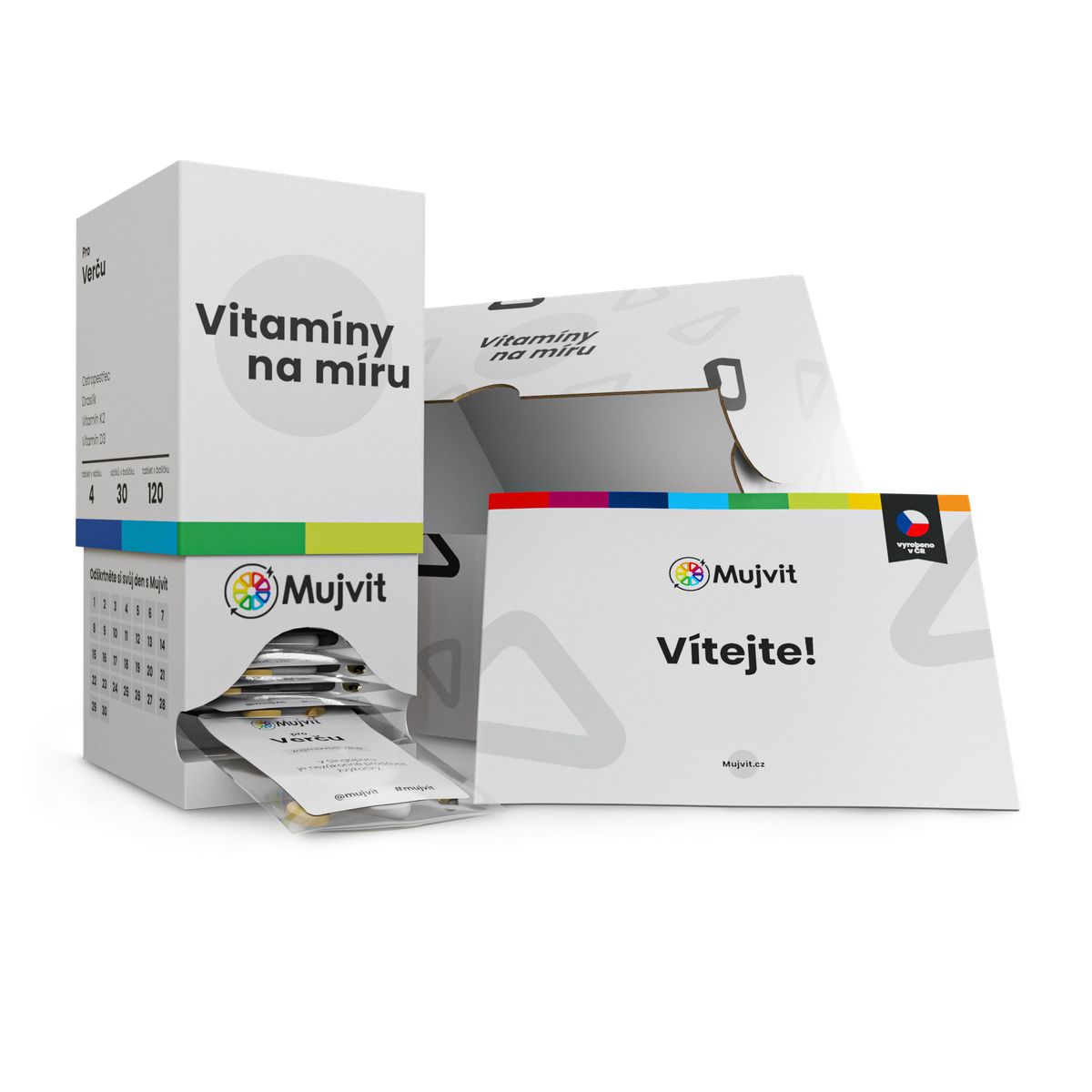 Mujvit krabička a brožura s informacemi o vitamínech